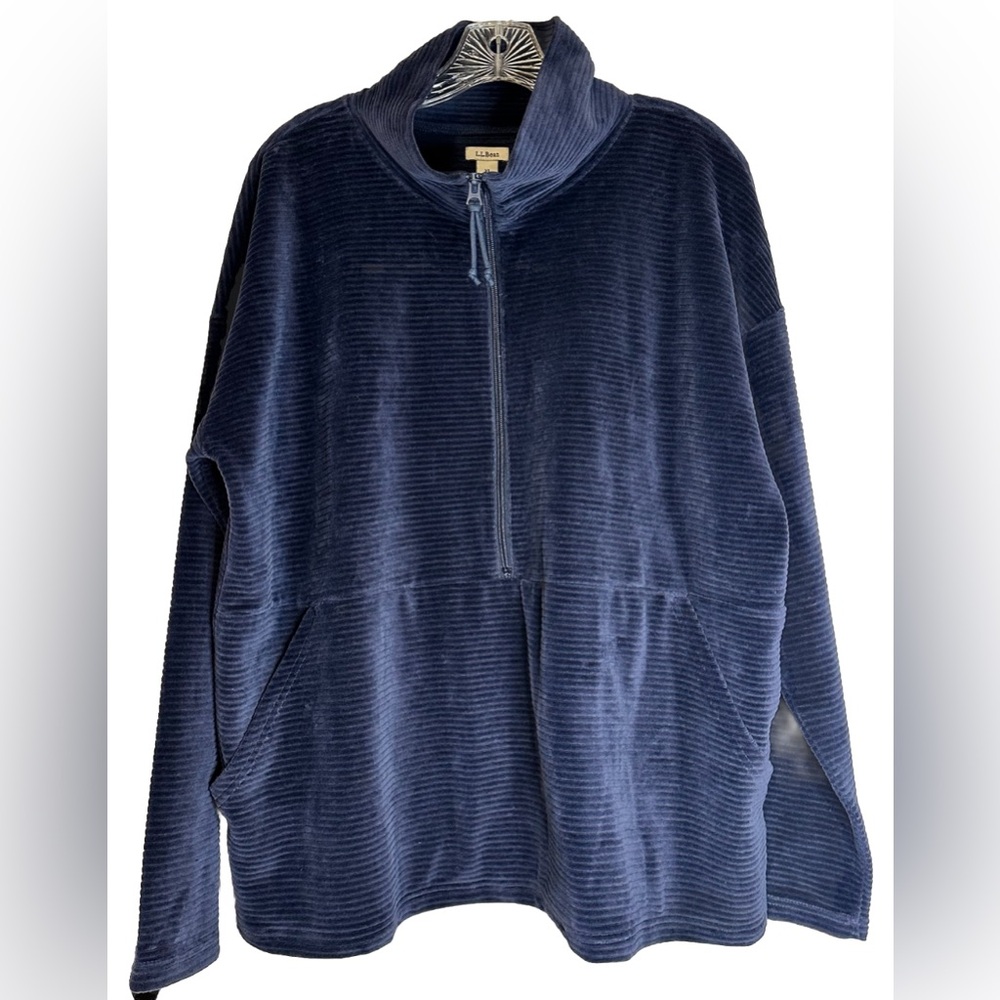 LL Bean Blue Loose Turtle Neck 3/4 Zip Up Kangaroo‎ Pocket Ribbed Sweater XL